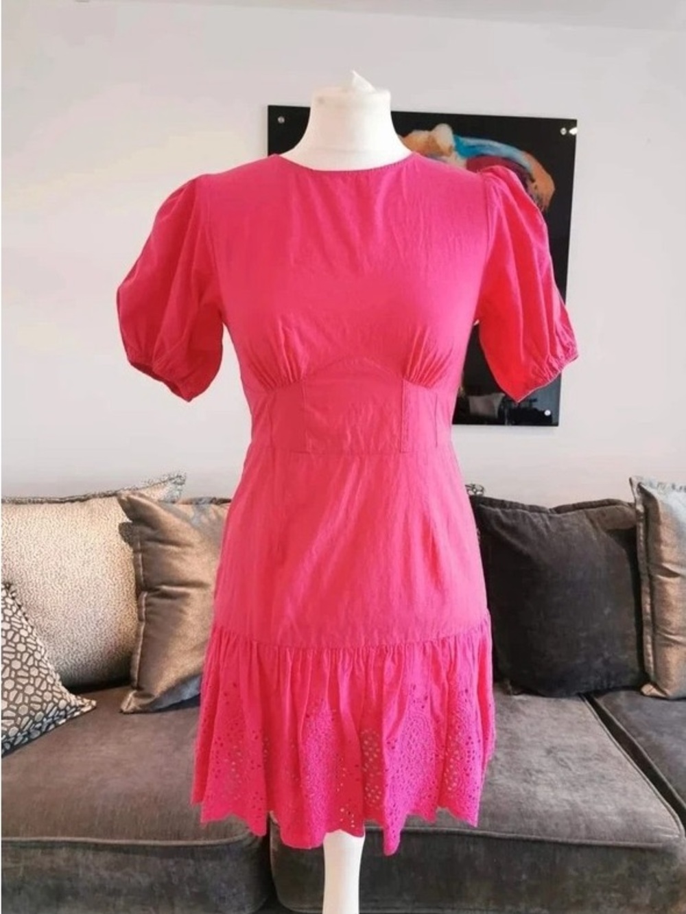 Bright Pink Puff-Sleeve Maxi Dress with Eyelet Hem